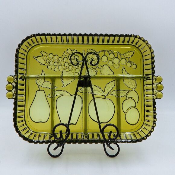 Indiana Glass Olive Green Divided Relish Tray Platter Snack Plate Fruit Design - Picture 1 of 7
